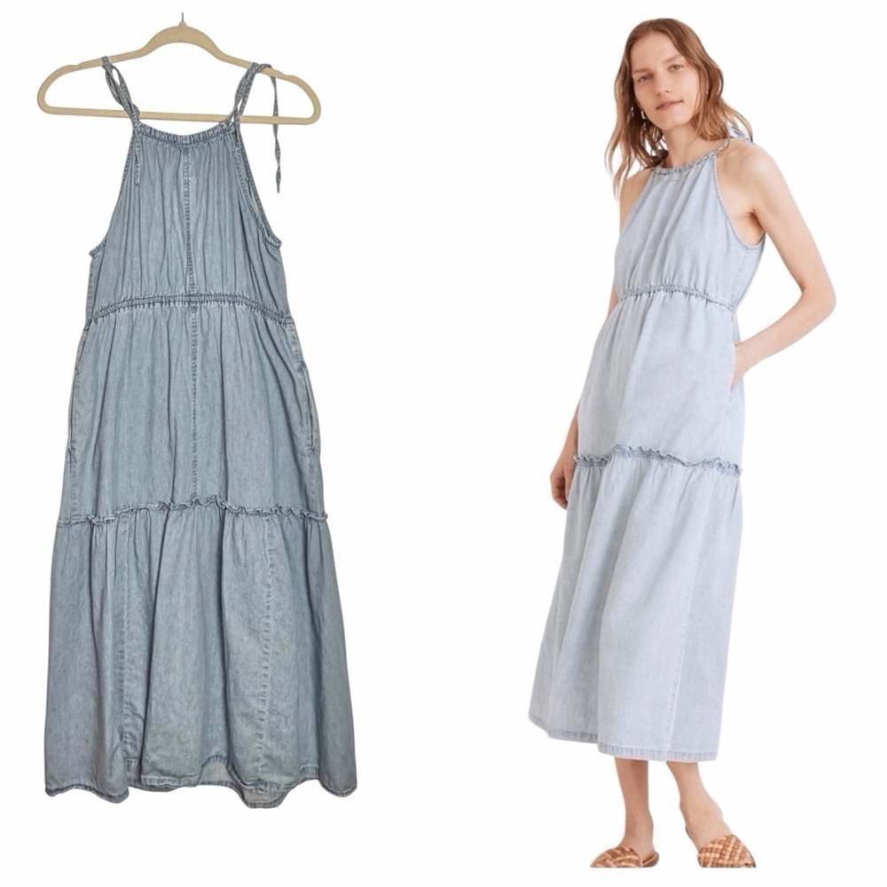 Madewell Dress Womens 10 Denim Chambray Tiered Midi Ruffled Boho Halter Pockets